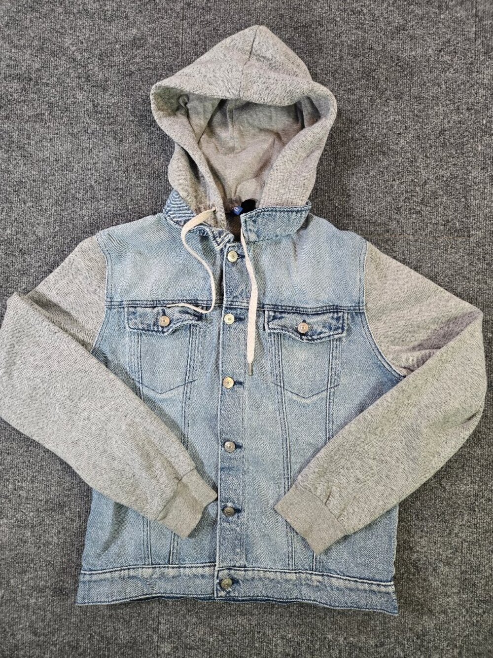 Divided H&M Hoodie Jean Jacket Mens M Blue Denim Gray Hood & Sleeves Streetwear